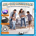 Two pack glowing air football toys illuminating a dark room with bright blue and red built-in LED lights.