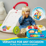 Infant playing with the removable educational activity toy panel on the floor.