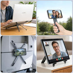 Folded portable aluminum computer riser showing its compact travel friendly dimensions.
