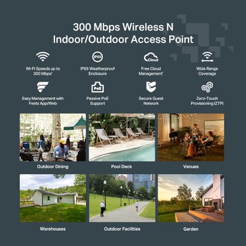 TP-Link Festa N300 outdoor access point mounted on a vertical pole in an outdoor garden area