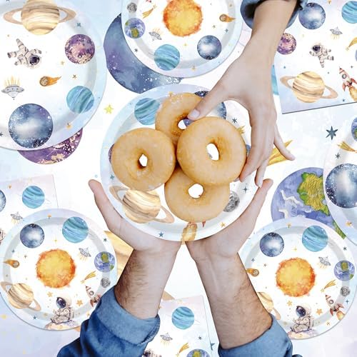 Disposable 7 inch cake plates for galaxy themed birthday party