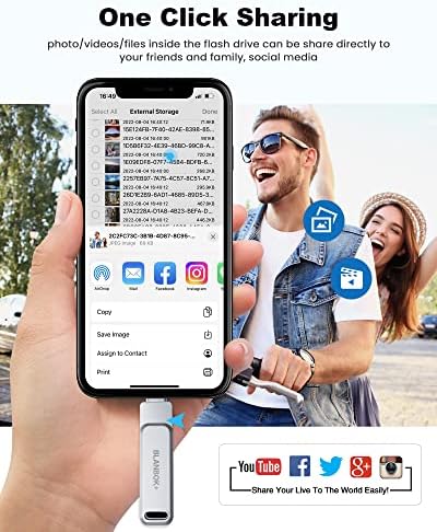 Demonstration of the one click backup feature on an iPhone screen next to the silver flash drive