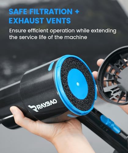 Raybao 22000FPM car blower dryer illustrating the ergonomic handle grip and power switch assembly for easy operation.