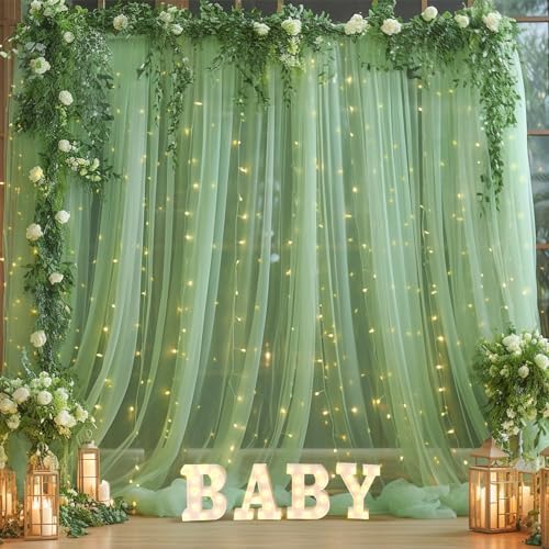 PARTISKY green tulle net curtain installation details showcasing the three point five inch rod pocket