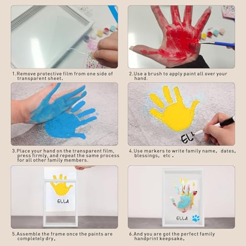 Imported XQC family keepsake kit contents including brushes, washable paint, and shadow box frame