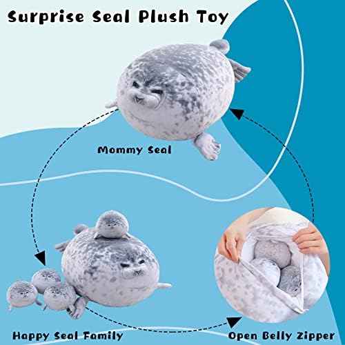 TOYSYM mommy seal plush toy with open zipper tummy revealing four cute baby seals inside.