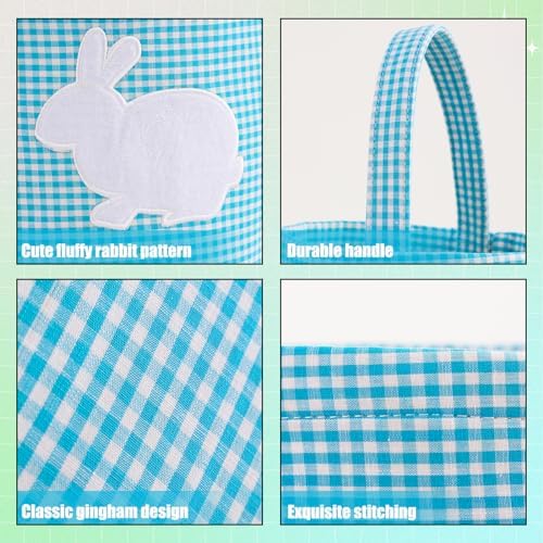 Embrunioice blue check holiday bucket bag showing white plush rabbit embroidery details