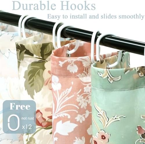 Mocsicka mid century retro farmhouse bath curtain with twelve white hooks.