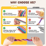 Child carefully washing multicolored elastic sensory toys under running tap water for hygiene