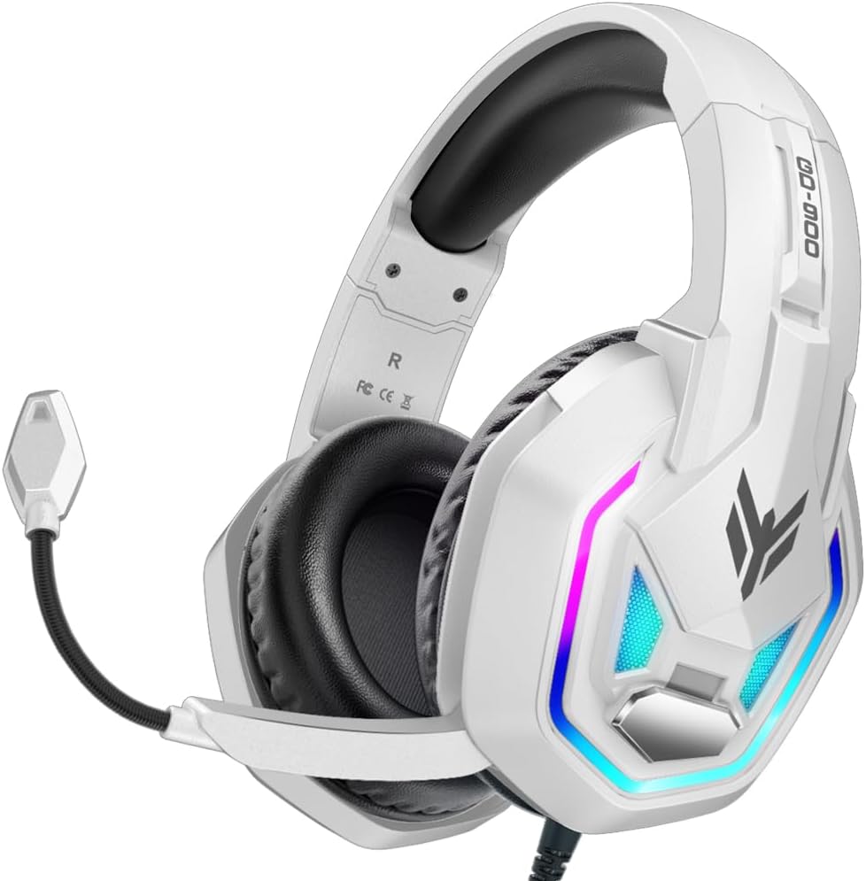 YPBDAN GD-900 RGB wired gaming headset front view showing white earcups with colorful LED lighting