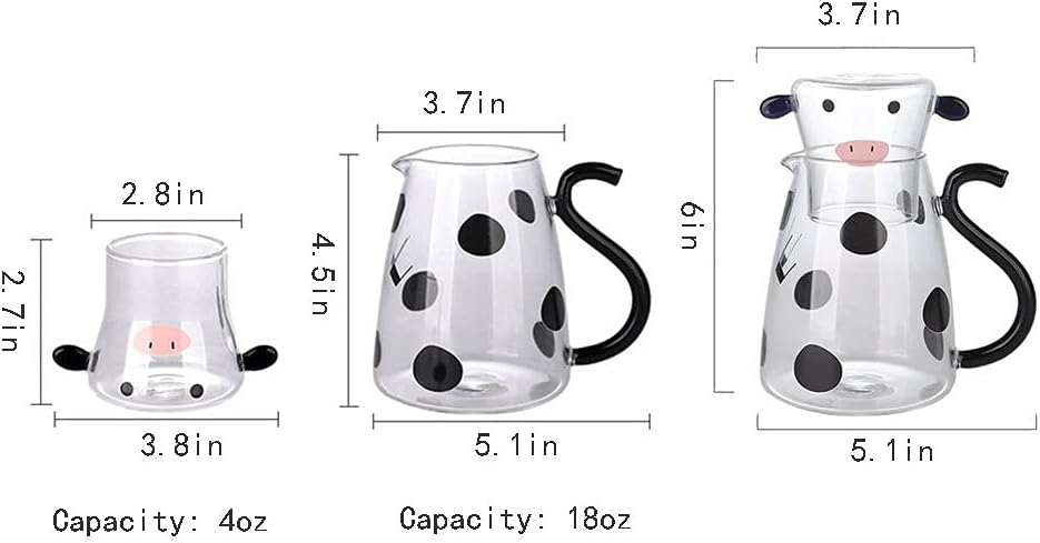 RockTrend cartoon cow glass pitcher with tumbler lid side angle
