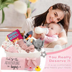 Unpacked view of the Zopeal pink baby girl gift set showing the matching socks, bow headband, mittens, and bibs