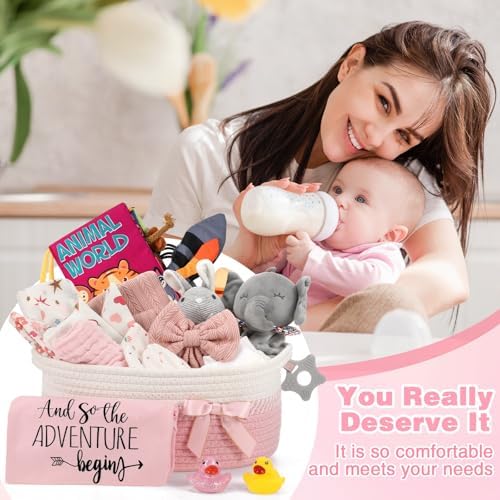 Unpacked view of the Zopeal pink baby girl gift set showing the matching socks, bow headband, mittens, and bibs