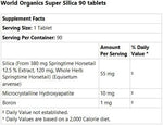 World Organic Super Silica supplement packaging displaying supplement facts and premium herbal ingredients list