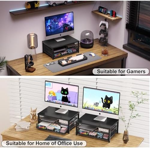OPNICE dual tier desk organizer setup holding a heavy monitor securely on a home office desk