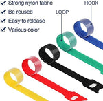 Mvyc six inch electronics cord wrapping straps keeping computer desktop and laptop charger cables neatly organized.