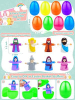 Colorful plastic fillable easter eggs opened to reveal mini Jesus and biblical character finger puppets.
