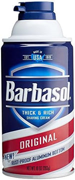 Two pack of Barbasol Original shaving cream cans showing authentic rustproof aluminum bottom packaging