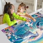 Overview of children interactive learning toy spread across a bright living room floor