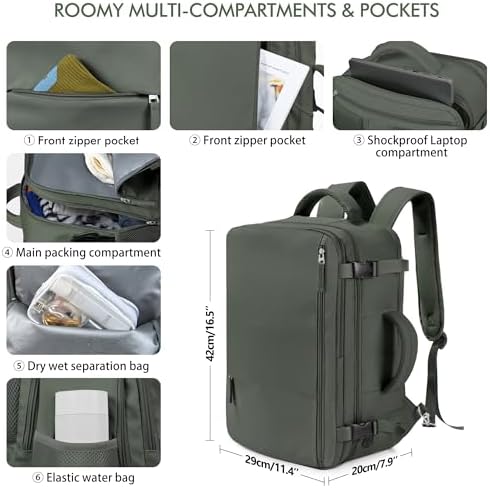 Beraliy Airline Approved Travel Backpack showing the rear trolley sleeve attached over a rolling luggage handle.