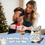 Handmade amigurumi style wolf plush in romantic gift packaging