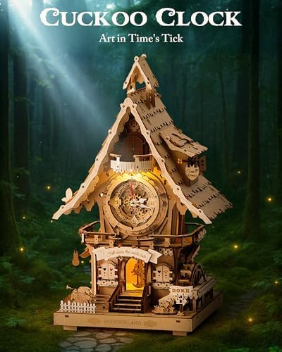 Detailed view of ROKR 3D clock woodland cottage engravings
