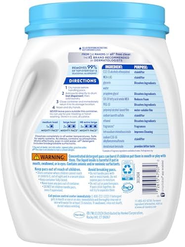 Side angle view of the sixty count laundry detergent tub highlighting machine compatibility icons.