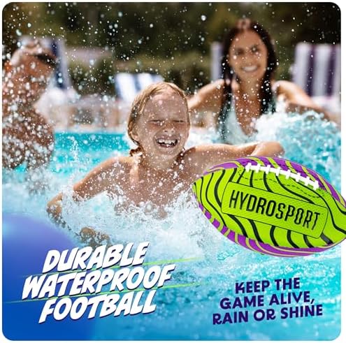 HydroSport waterproof football floating on clear blue swimming pool water during a sunny day.