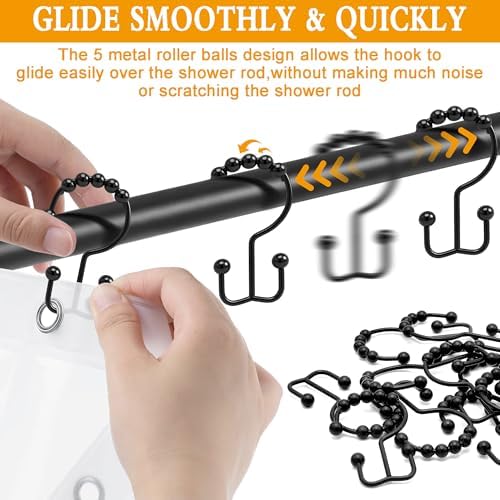Cerpourt black shower rings showing five roller balls for smooth sliding action