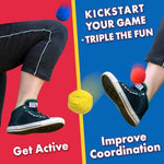 Three colorful synthetic suede hacky sacks in yellow blue and red spaced evenly.