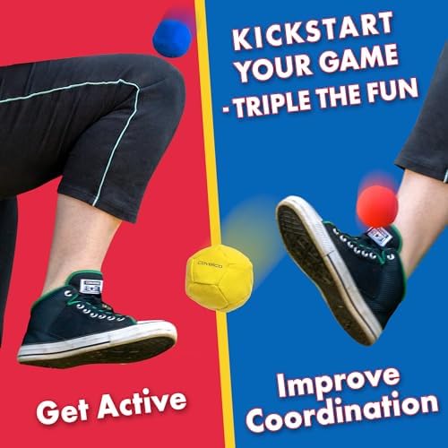 Three colorful synthetic suede hacky sacks in yellow blue and red spaced evenly.