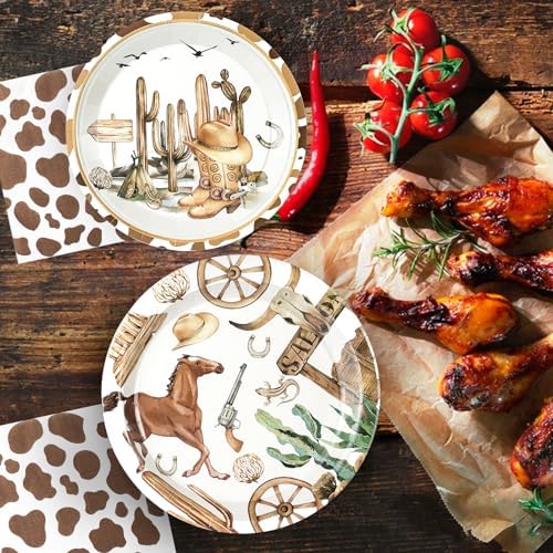 Close up of rustic horse and cactus print on cowboy party paper plates.