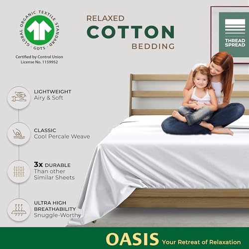 Thread Spread cooling percale weave top sheet draped on a large king bed setup