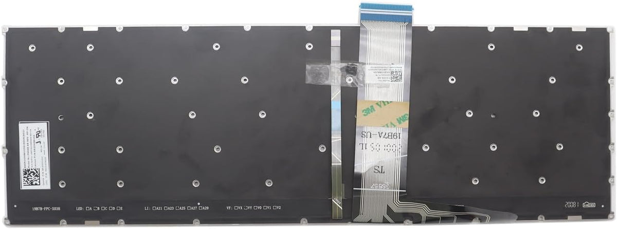 Close-up of gray replacement keyboard ribbon cable and key details