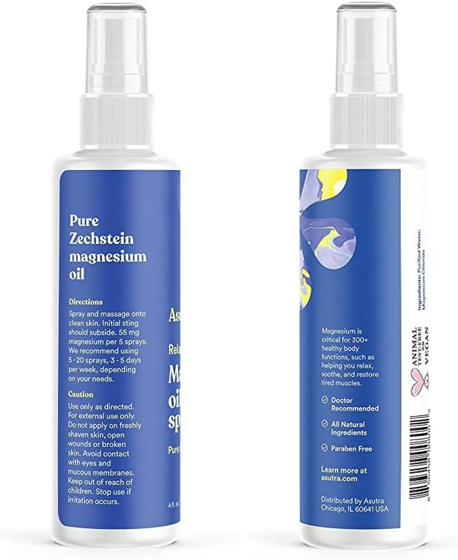 Back label of ASUTRA magnesium spray with ingredients and directions