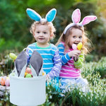 Blue and white striped canvas bunny tote bag filled with festive candies
