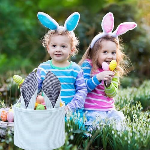 Blue and white striped canvas bunny tote bag filled with festive candies