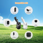 Weatherproof security camera and solar panel mount displaying three hundred and sixty degree rotating joints.