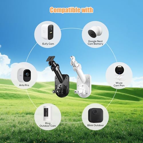 Weatherproof security camera and solar panel mount displaying three hundred and sixty degree rotating joints.