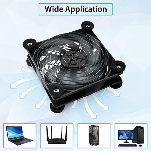 NewHail dual-pack cooling fans positioned next to a home media receiver demonstrating the compact space-saving installation layout.