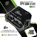 Back panel view of the imported Timpano 12 volts full range audio amplifier illustrating the heat dissipation fins.