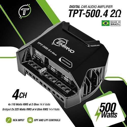 Back panel view of the imported Timpano 12 volts full range audio amplifier illustrating the heat dissipation fins.
