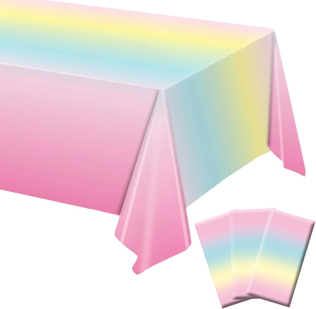 BHEYA pastel rainbow tablecloth three pack front view showing the colorful gradient design spread out on a long table.