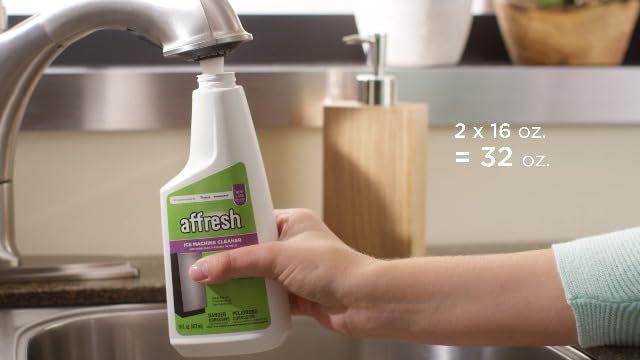 Side view of 16 fluid ounce Affresh bottle highlighting mineral buildup removal benefit