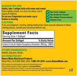 Authentic USA imported Nature Made Vitamin E supplement bottle showing dietary details.
