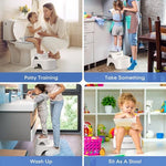 Space saving storage demonstration showing the potty seat hanging on a wall hook