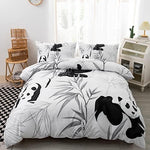 Close up view of the cute kawaii panda duvet cover fabric texture and printed detailing
