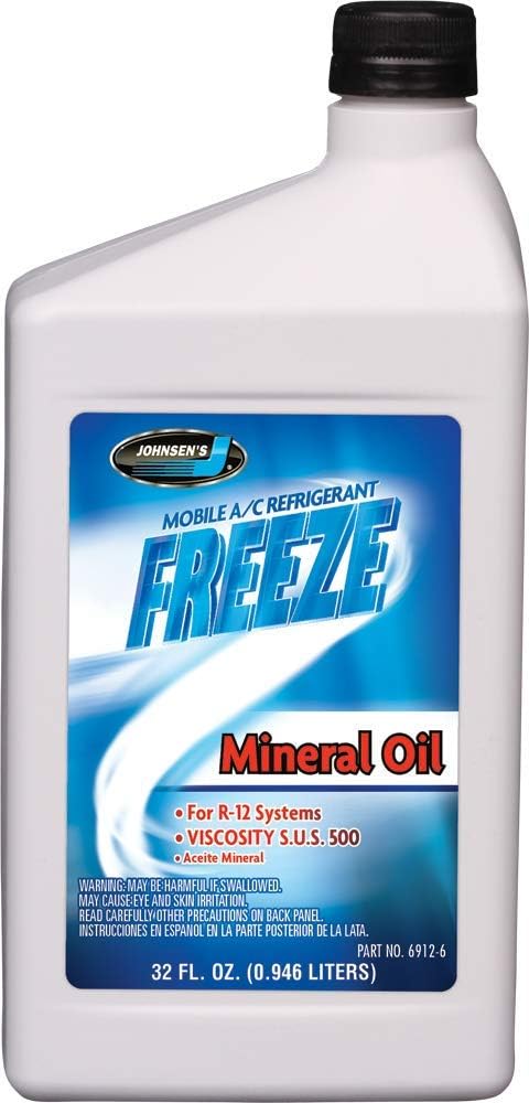 Johnsen's 6912-6 Refrigeration Mineral Oil 32 Ounce front view bottle for premium R-12 air conditioning compressor lubrication.