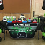 Video game baby shower party table decoration setup