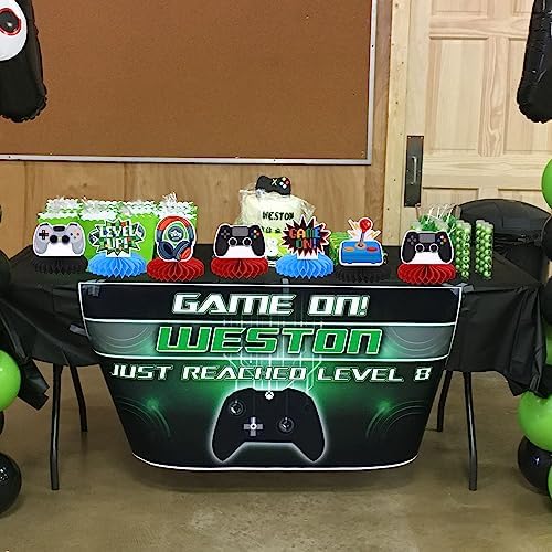 Video game baby shower party table decoration setup